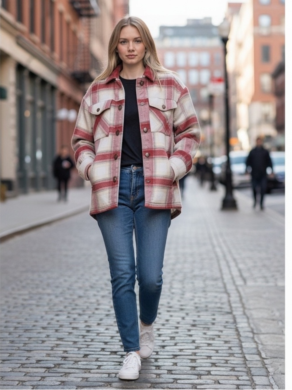 Love Tree Plaid Cozy Sherpa Lined Flannel Shacket Shirt Jacket Red Cream Medium